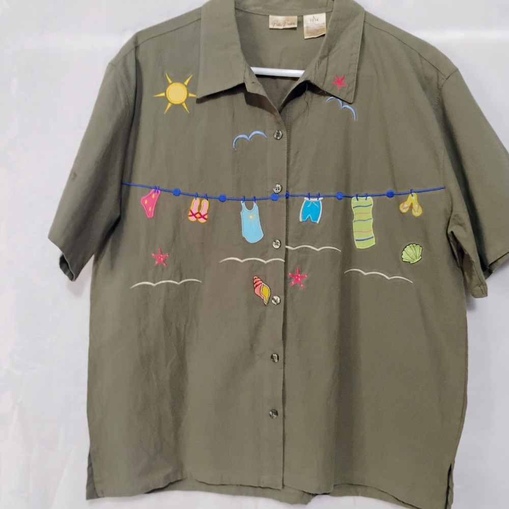 Vtg Bobbie Brooks Olive Green Beach Embroidery Cotton Shirt Large 12/14 Womens Z